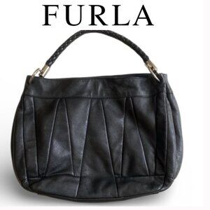 Furla Black Leather Hobo Bag Braided Strap Silver Hardware Medium